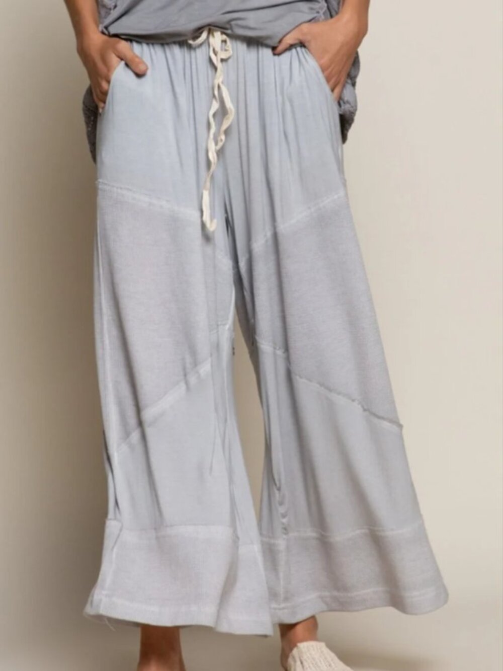 POL Patchwork Wide Leg Pants Gray Drawstring M/L - Picture 9 of 9